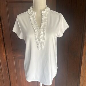 Chico's Amparo White Zenergy Line Ruffle Neck UPF Short Sleeve Top 0 (4/small)